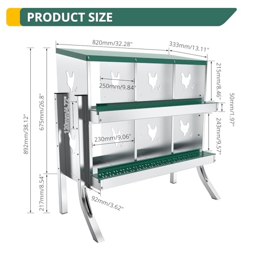 POWLAB 6 Compartment Chicken Nesting Box with Elevated Metal Legs - Durable Roll Away Egg Collection, Perch, Secure Lid - Versatile Wall Mount or Free Standing for Chickens, Hens, Ducks