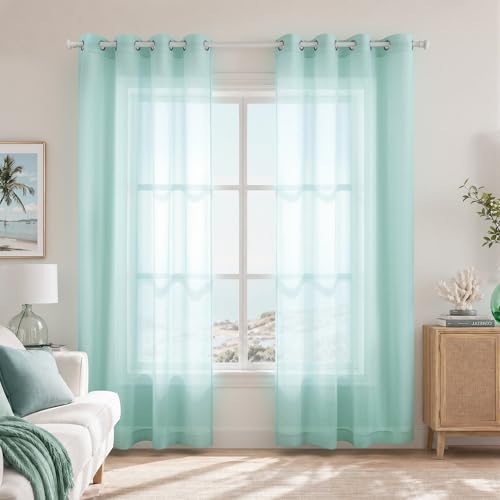 KOUFALL 96 Inch Seafoam Sheer Curtains Grommet 2 Panel Faux Linen Voile Drapes Semi Sheer Curtains for Living Room Bedroom 52 x 96 Inches Long Ocean Coastal Beach Themed Aqua Mint Light Green