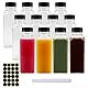 Happybase Kunststoff-Saftflaschen, 360 ml, mit Kappen, wiederverwendbare Getränkebehälter mit schwarzem Deckel, klare Smoothie-Flaschen für Saft, Milch, hausgemachte Getränke (1 Stift, 24 Etiketten),
