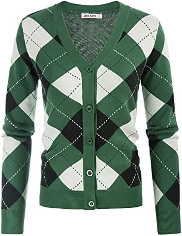 Women's Color Block Cardigan Sweater V Neck Button Down Pullover Shrug Plaid Knit Cardigan(Green White,M)