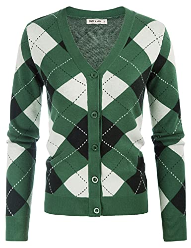 GRACE KARIN Womens Cardigan Sweater Fall Long Sleeve Argyle Sweater V Neck Button Up Cardigan Color Block Preppy Clothes