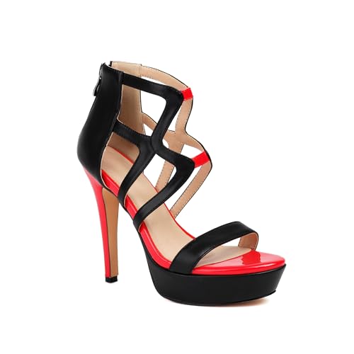 Women's Black and Red Stiletto Sandals Platform Heels Crisscross Open Toe Dress Shoes for Weddings with Back Zip