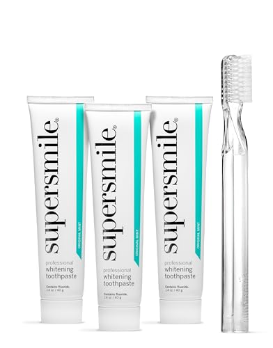 Image of Supersmile Original Mint Toothpaste Trio with New Generation Toothbrush, Three 1.4 oz Travel Size Toothpaste Tubes with Calprox, 90-Day Supply, Enamel Safe for Veneers