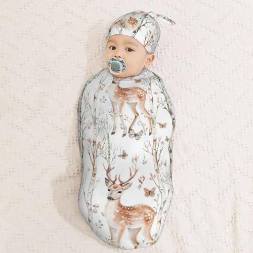 Image of Cute Deer Animal Woodland Swaddle Blanket with Beanie Hat Set Newborn Swaddle Wrap Soft Baby Receiving Blankets Baby Swaddle Blanket for Baby Boys and Girls