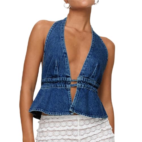 Women Vintage Y2K Denim Vest Sexy Halter Deep V Neck Backless Tie Up Sleeveless Tank Top Summer Peplum Jean Vests