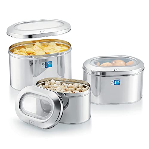 Image of JVL Stainless Steel Kitchen Food Storage Capsule Shape Tab Tin With See Through Lid For Dry Fruits, Pulses, Dal (9L)