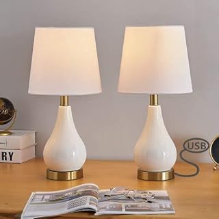 Maxax Ceramic Bedside Lamps Set of 2 with USB Charging Port, White Table Lamps with White Drum Fabric Shade for Living Room, Bedroom