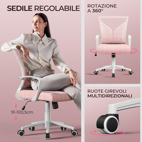 Sedia da Scrivania Ufficio Ergonomica a Rotelle Girevole Reclinabile in Rete Traspirante con Braccioli Altezza Regolabile Portata 136 kg Rosa - Sedia gaming - Immagine 3