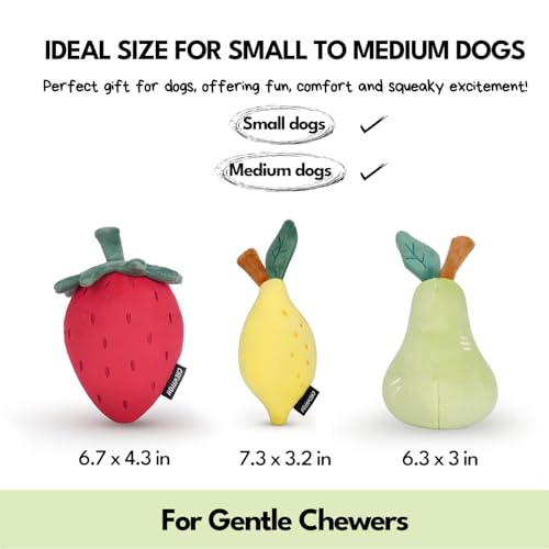 CHEWFFON Quietschende Plüschhundespielzeuge, Hundegeschenke zum Geburtstag für kleine und mittlere Hunde zur Langeweilebekämpfung, 3-stückiges Obst-Hundespielzeug-Satz – Erdbeere, Zitrone, Birne