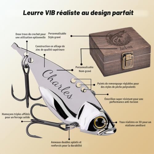 UIDMEN Leurres Métalliques Personnalisés avec Boîte en Bois | Leurre Vibrant VIB Cadeau Pêche pour Père/Mari | Gravure pour Truite, Sandre et Perche (Fête des Pères/Anniversaire) – vue 4