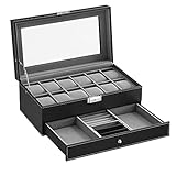 [2 livelli] Questa scatola per orologi a 2 ripiani offre molto spazio: il livello superiore con 12 posti per diversi tipi di orologi con diametro fino a 48 mm, quello inferiore con fessure e diversi scomparti per anelli, bracciali, ecc.