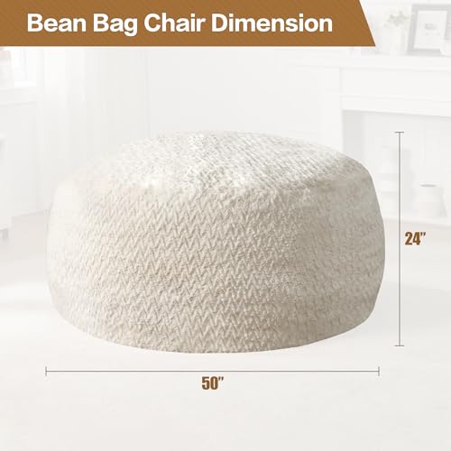 Hobestluk 5ft Bean Bag Chairs for Adults Large Beanbag Chair with Chevron Plush Fur Cover Big Bean Bag Chair for Living Room Bedroom Dorm Office - White (50” x 50” x 24”) - Image 3
