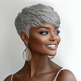 OYM HAIR Short Ombre Gray Pixie Haircut Wig with Bangs Glueless Layered Wig Wavy Pixie Cut Wigs Grey to Black Wigs for Women Grey Color