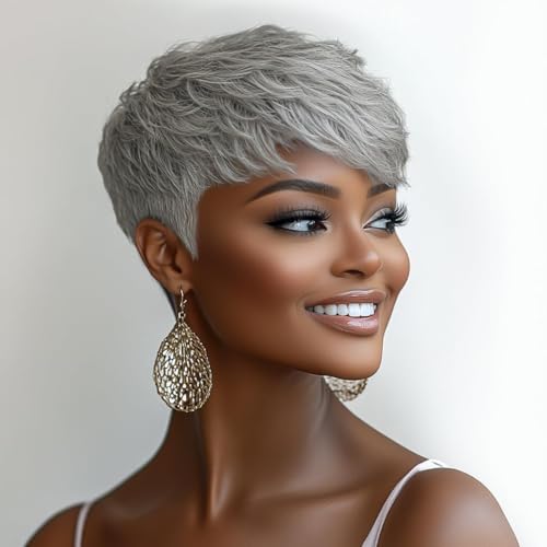 OYM HAIR Short Ombre Gray Pixie Haircut Wig with Bangs