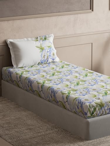 Image of 100% Pure Cotton Single Bedsheet with 1 Pillow Cover | Floral 145TC | Strong Weave for Everyday Use | 152 CM X 224 CM | - Vista Blue