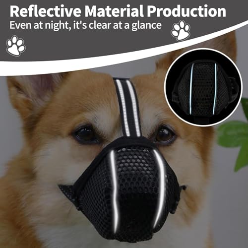 VZU Maulkorb für Hunde, Atmungsaktiv, Reflektierend, Verstellbarer Hundemaulkorb für Kleine Mittelgroße und Große, Verhindert Kauen, Fressen, Beißen, Mesh Haustiermaske (1, Schwarz, XS)
