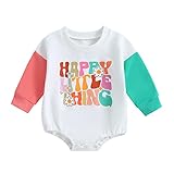 Muasaaluxi Newborn Baby Girl Fall Clothes Long Sleeve Crewneck Sweatshirt Romper Color Block Onesie Bodysuit Oversized Sweater (Happy Little Thing, 0-6 Months)