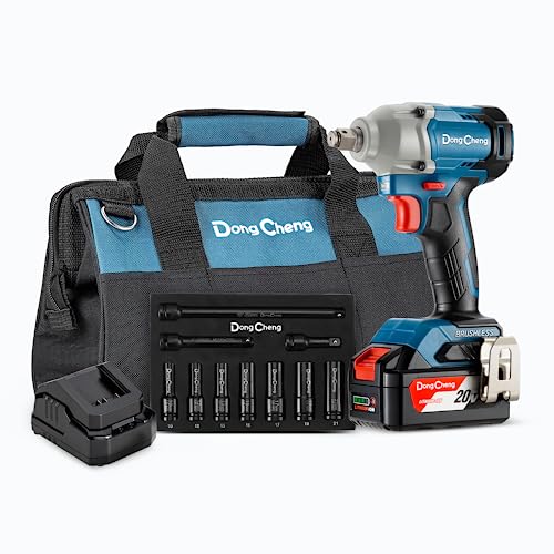 Dong Cheng 20V max Bürstenloser Akku Schlagschrauber, Drehschlagschrauber, max. Drehmoment 298N.m.,1/2 Zoll-Außenvierkant, mit 4.0Ah Akku, 1 Ladegerät,7 Schlagstecknüssen