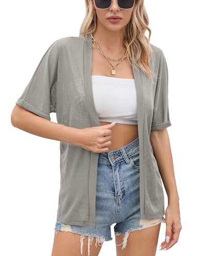 Image of Iandroiy Women's Lightweight Open Front Cardigans Casual Short Sleeve Blouse Tops