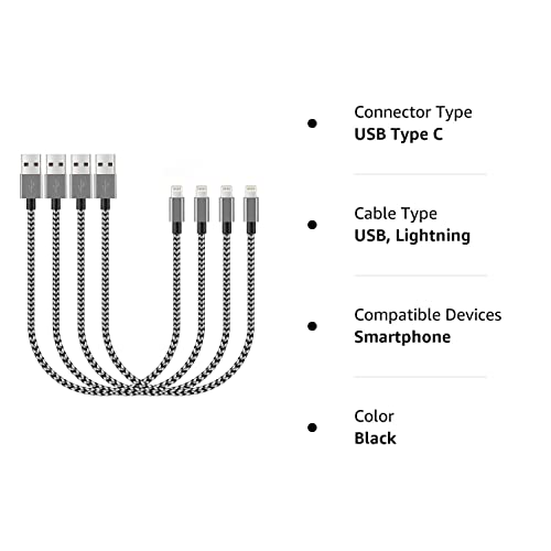 Short Iphone Charger Cable 4Pack,1Ft Lightning To Usb Braided Data Sync Fast Charger Cord Compatible With Iphone 12 Pro Max/12/11/11 Pro Max X Xs Max 8 7 6S Plus Pad 2 3 4 Mini, Pad Pro Air(Black) #TOP7