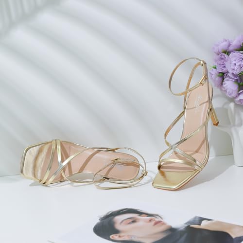 Image of Mostrin Strappy Heels for Women Square Open Toe Lace Up Heeled Sandals Ankle Strap Sexy Stiletto High Heels for Party, Prom, Dating, Wedding
