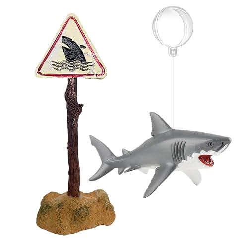 BEEMERIT Aquarium Shark Décor Set - Floating Great White Shark with Shark Warning Sign for Fish...