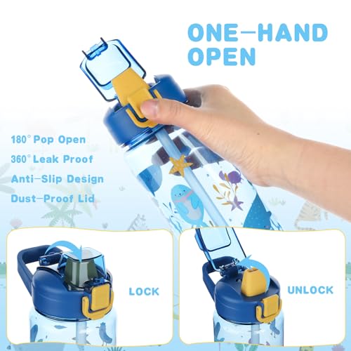 flintronic 600ml Trinkflasche Kinder, Kindertrinkflasche mit Strohhalm, BPA-freie Kinder-Wasserflaschen, Sportwasserflasche mit Auslaufsicherem Flip-Top-Deckel für Mädchen und Jungen, Blau