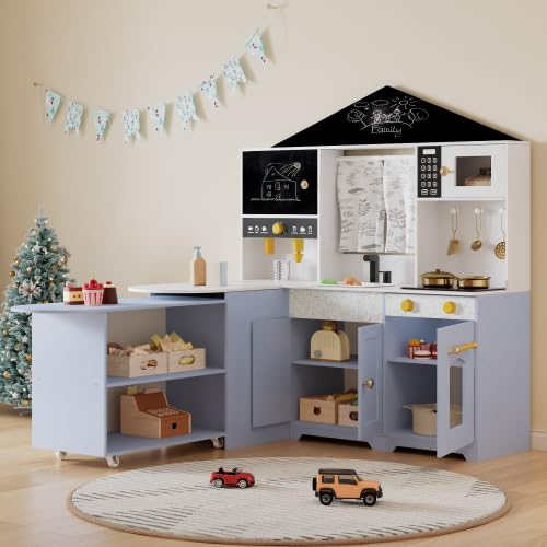 Kinder-Spielküche aus Holz in Hausform Rosa mit Kaffeemaschine, Backofen, Herd und Spüle, Komplettzubehör für Kinder ab 3 Jahren