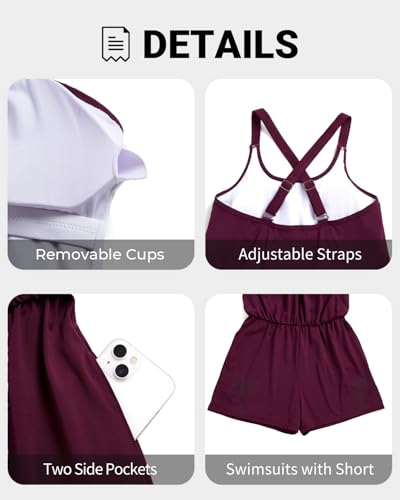 Image of Tempt Me Women Romper One Piece Swimsuits with Short | with Pockets, Modest, Removable cups, Boyleg, Full coverage