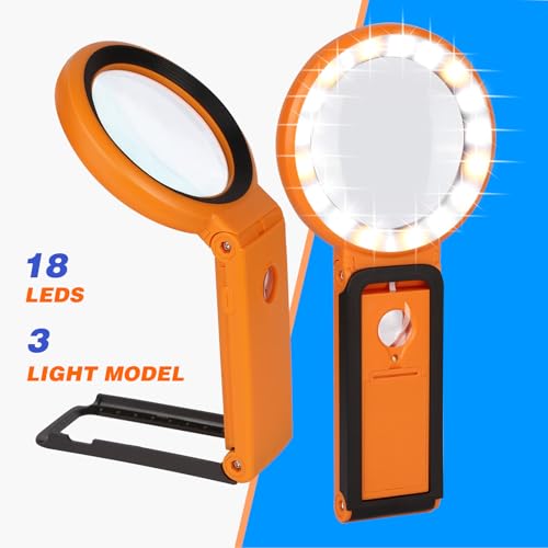 30X 40X Magnifying Glass with Light and Stand, Foldable Handheld Magnifying Glass 18 LED Illuminated Lighted Magnifier for Macular Degeneration, Seniors Reading, Close Work, Coins, Jewelry (Orange)