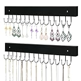 AnDock Necklace Holder Wall Mounted Jewelry Organizer - 2 Pack Wooden with 28 Hooks, Hanging Earring & Ring Bracelet Storage, Decorative Space-Saving Jewelry Display (Black)