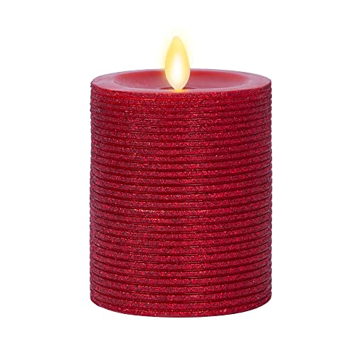 Image of Luminara Realistic Artificial Flame Horizontal Red Metallic Glitter Candle (3 x 4.5-inch) Moving Flame LED Battery Operated Lights - Unscented - Remote Sold Separately