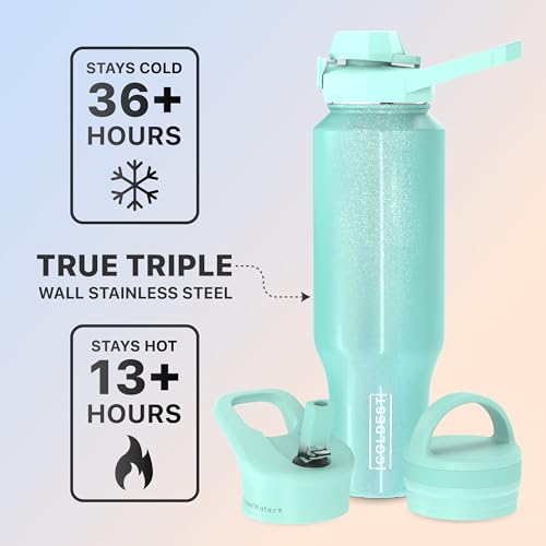 Coldest Sports Water Bottle - 3 Lids (Chug Lid, Straw Lid, Handle Lid) Tumbler with Handle on Lid Water Bottles Cup Vacuum Insulated Stainless Steel, Fits Cirkul Lid (46 oz, Astronaut Green Glitter) 4 Coldest Sports Water Bottle - 3 Lids (Chug Lid, Straw Lid, Handle Lid) Tumbler with Handle on Lid Water Bottles Cup Vacuum Insulated Stainless Steel, Fits Cirkul Lid (46 oz, Astronaut Green Glitter) - Image 2