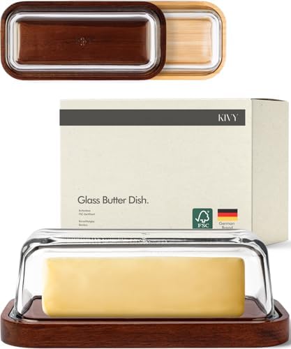 KIVY Glass butter dish with airtight lid that keeps butter soft - For countertop and refrigerator door shelf - Butter tray with lid fridge - Butter holder for counter - Covered butter dishes with lid