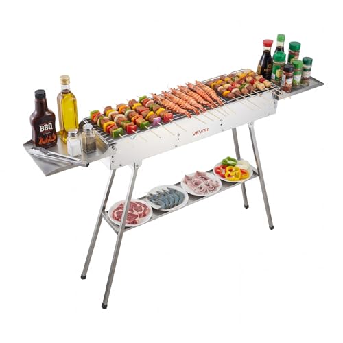 VEVOR Foldable Charcoal Grill 250 sq.in. Portable Charcoal Barbecue Grill with Liftable Charcoal Tray & Side Tables Brushed Stainless Steel BBQ Cooking Grills for Outdoor Camping Backyard Parties