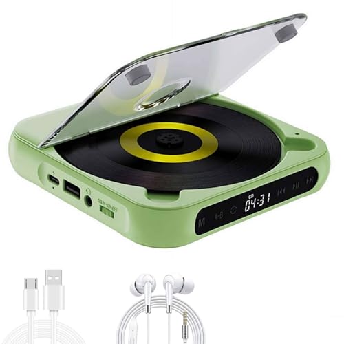 Lecteur CD portable avec Bluetooth, lecteur CD avec haut-parleur, lecteur CD compact pour la maison/voyage/étude, câble USB-C et écouteurs inclus (vert)