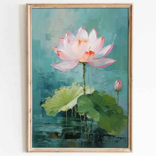 Poster mit rosa Lotusblüte, abstrakte Lotus-Aquarellmalerei, abstrakte Lotuswandkunst, Sommerblume, Kunstwerk, Zen, Lotusbild, Wasserlilie, Poster, blaugrün, botanische Wandkunst, 40,6 x 61 cm, ohne