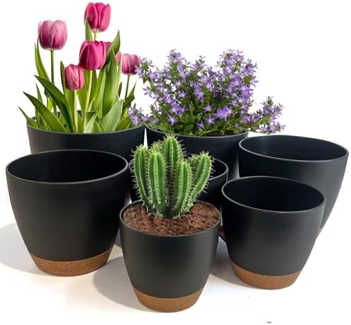 LIFFY Indoor Self Watering Planters with Drainage Holes and Saucers, 8, 7.5, 7, 6.5, 6, 5.5, 5 Inches Plastic Flower Pots for Outdoor Plants, Black, 7 Pack