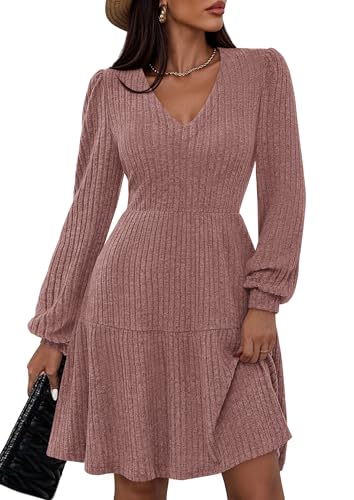 PRETTYGARDEN Womens Sweater Dress 2026 Fall Long Sleeve V Neck A Line Fit and Flare Ribbed Short Dresses Knit Outfits Pockets (Pink,Medium)