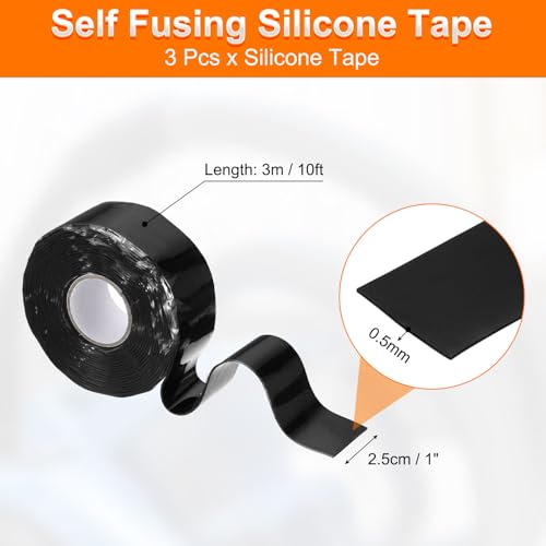 Image of uxcell 3 Pcs Self Fusing Silicone Tape, 1 inch x 10ft Waterproof Water Leak Sealing Tape for Plumbing Pipe Hose Repair Handles, Black (0.5mm Thick)