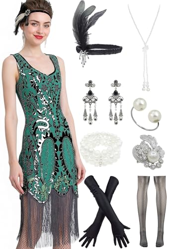 Image of Peacock-inspired 1920s Gatsby Beaded Flapper Sling Dress Womens Vintage Cocktail Dress W /Complete Accessories Set