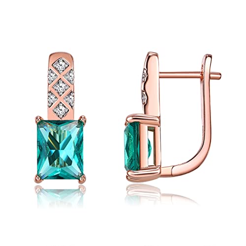 ZQHWYZ 9K Rose Gold Hoop Earrings for Women, Rhombus with Green Rectangular Apatite and Lab Diamond Hoop Earrings for Women Rose