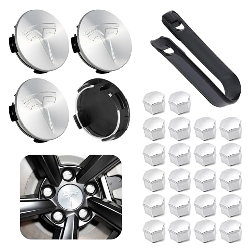 Powlamks 4 Pack Car Wheel Center Hub Cap Kit with 22 Lug Nut Covers 2.2 in (56mm) Wheel Rim Covers Center Hubcaps with Emblem for Model 3 / Model Y Silver Exterior Decoration Accessories for Tesla