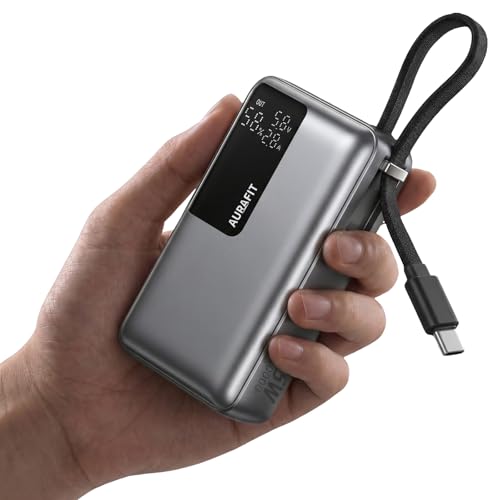 Carregador Portátil 20000mAh PD65W Rápido, Power Bank com Tela Digital, Cabo Type-C Integrado, Portas USB-C/A, Carrega 3 Aparelhos Ao Mesmo Tempo, Compacto Portátil para Celular Notebook Viagem