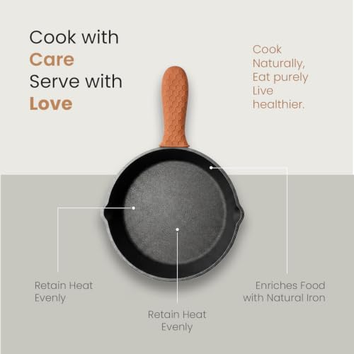 Image of HomeEssentials 20cm Non-Stick Cast Iron Skillet Pan with Silicone Sleeve | Pre-Seasoned Frying Pan, Mini Cast Iron Pan, For Omelette | Induction Friendly | Naturally Nonstick, 100% Pure & Toxin-Free