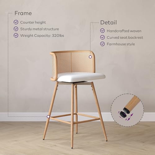 Image of 26 inch Swivel Rattan Bar Stools Set of 4, Counter Height Barstools, White | TYBOATLE, Farmhouse, Mid-Century Modern, Natural, Rattan Woven Back, Faux Leather Seat, Island, Kitchen