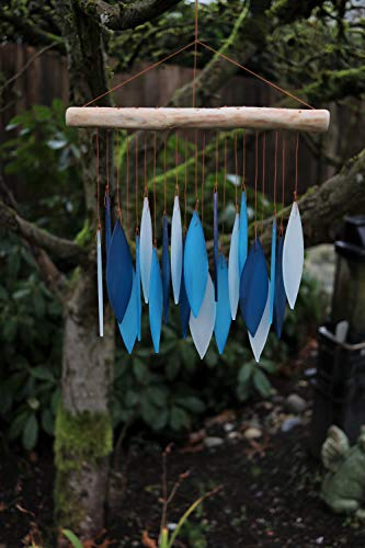 Glass Wind Chime - Leaf Design - Light Blue & White - Recycled Glass And Driftwood - Cohasset Gifts Tumbled Glass Chime - Sun Catcher, Garden Mobile, Window/Wall Art #TOP2