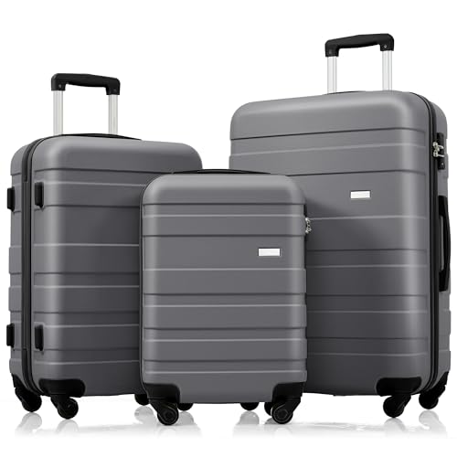 Durable ABS Hardshell Luggage Set - 3 Piece Lightweight Suitcase Set with 360° Wheels & Secure Lock - 20'', 24'', 28'' (Grey)