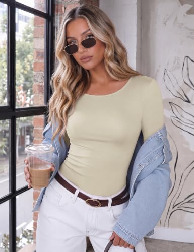 Ekouaer Long Sleeve Shirts for Women Scoop Neck Tight Slim Basic Fitted Top - image 2
