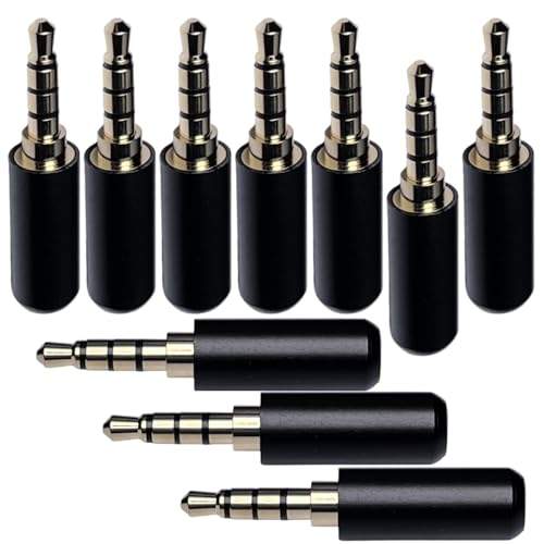 Cess TRRS 4 Pole Stereo Male Plug 3.5mm Solder Type, Gold-Plated, Black Metal Housing, Perfect Replacement for Headphones, Earphones, Microphones, 10 Pack